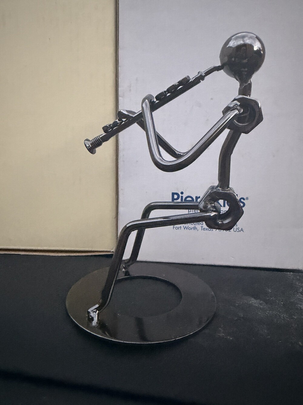 Handcrafted metal musician with clarinet figurine, New with Box (Box has stain)